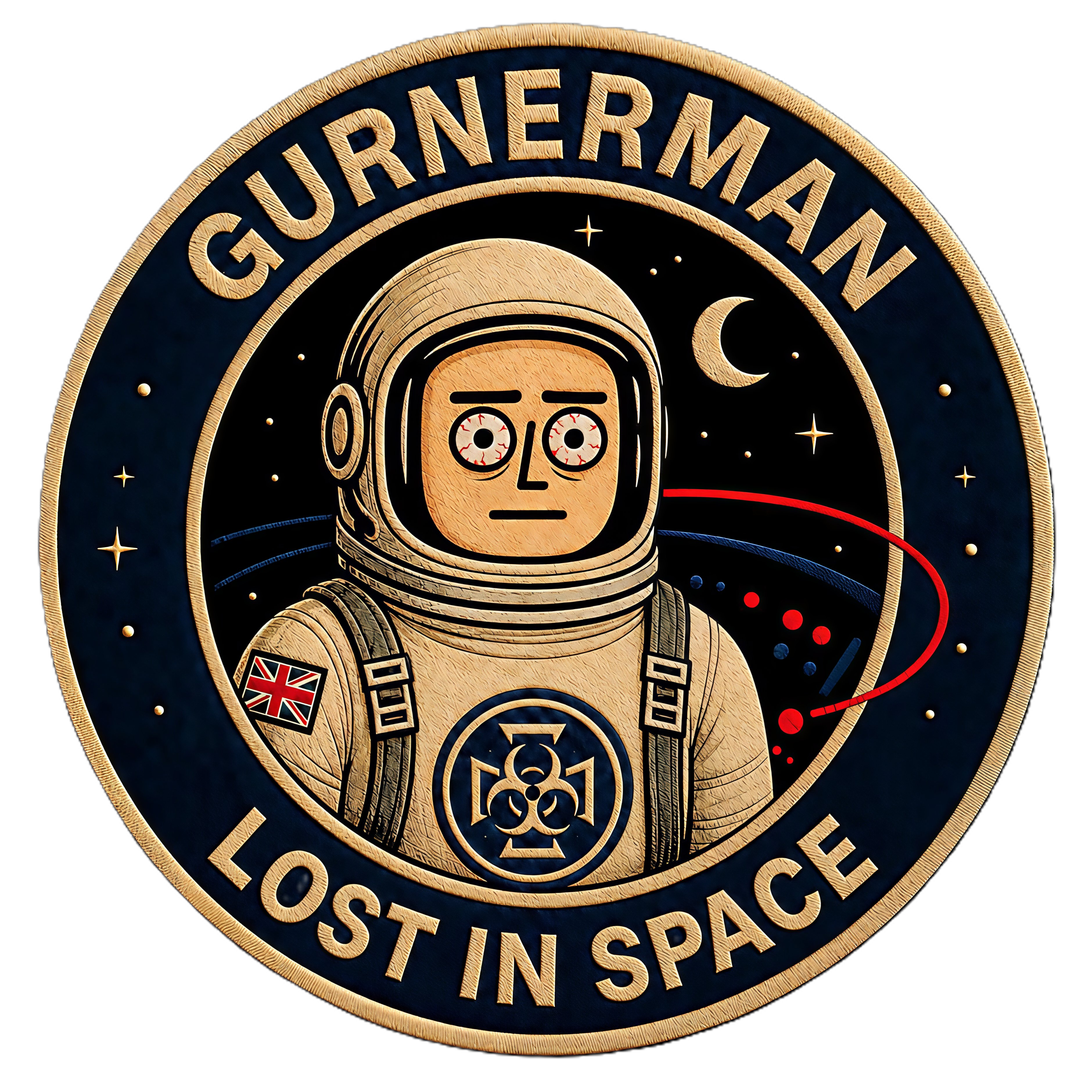 Gurnerman Lost In Space book logo, a gold and navy astronaut mission patch